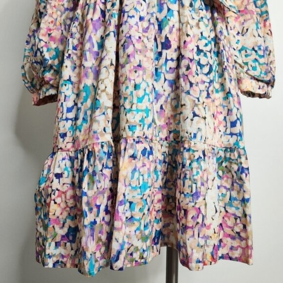 SHOL Los Angeles Abstract Print 3/4 Sleeve Tiered Mini Dress Size 4 BNWT - Picture 4 of 16